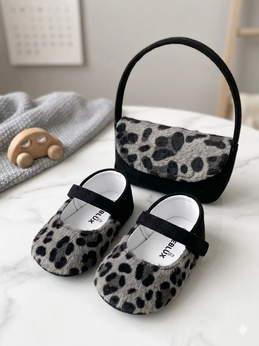 Gri Siyah Leopar Desenli Bebek Ayakkabısı ve Çanta Seti Yürüme öncesi