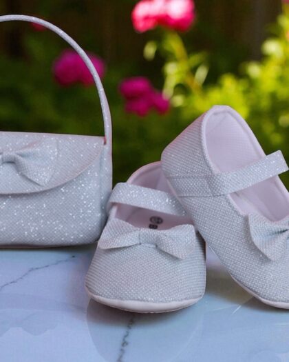 Beblux Fiyonklu Simli Mint Yeşili Bebek Ayakkabı & Çanta Seti