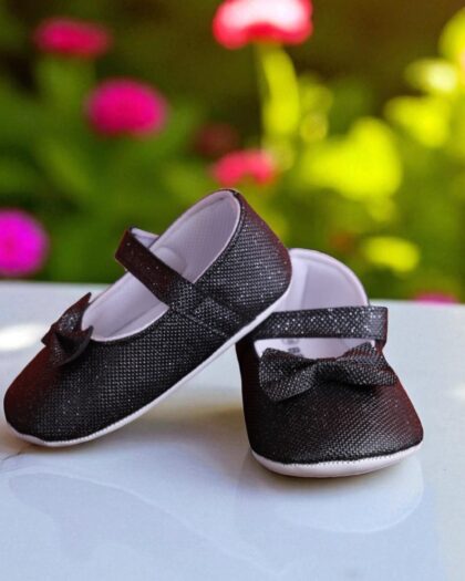 Beblux Fiyonklu Simli Siyah Babet Bebek Ayakkabısı